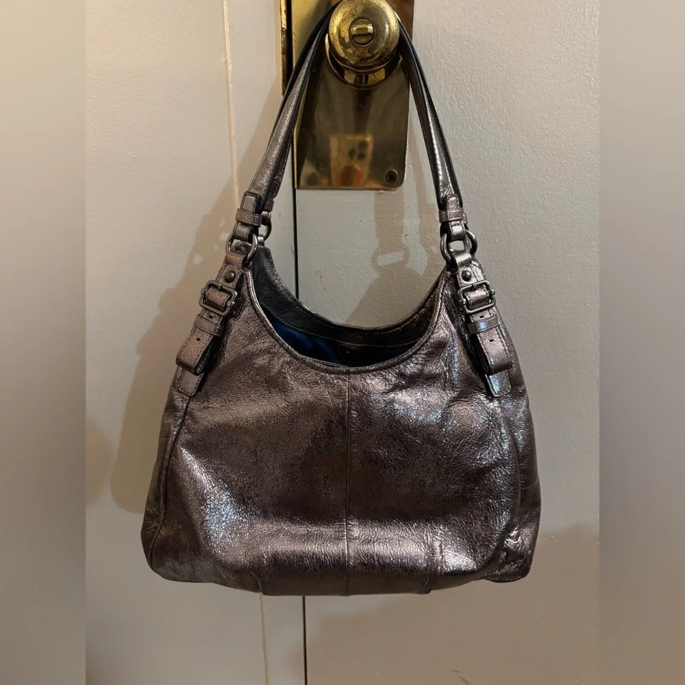 Coach Madison Maggie Metallic Gunmetal Leather Hobo Bag Excellent Vintage Y2K